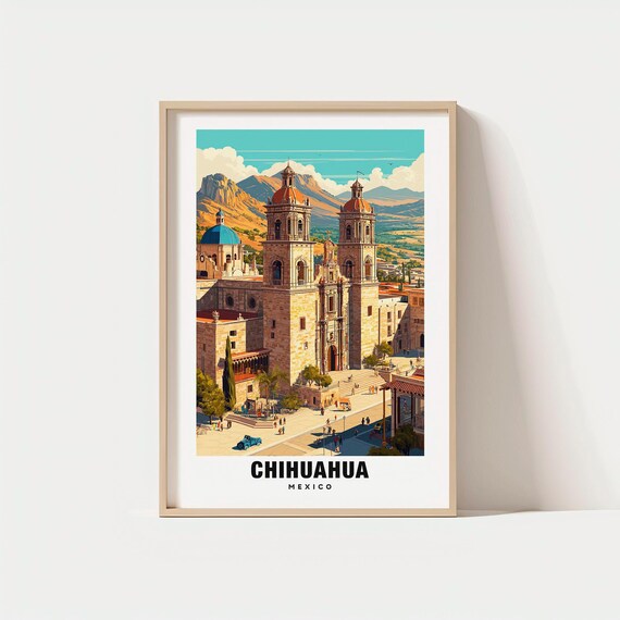 Chihuahua Print Mexico Poster Desert Views Travel Art Scenic Beauty Historic Charm Mountain Backdrop Mexican Culture Natural Escape