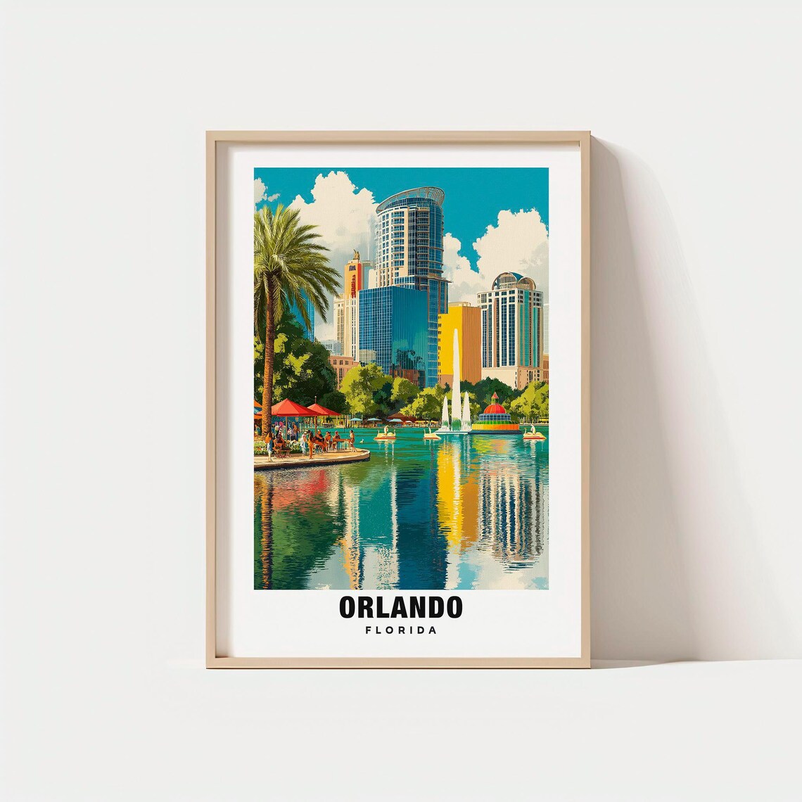 Orlando Florida Lake Eola Fountain Skyline Vintage Travel Poster