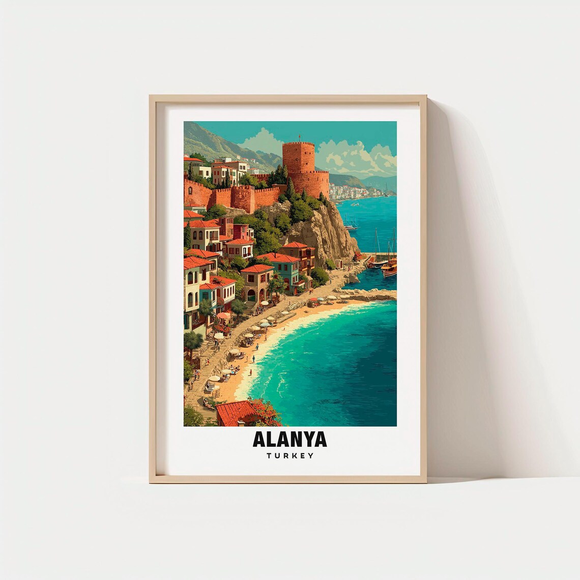 Alanya Turkey Red Tower Castle Beach Coastal Vintage Travel Poster