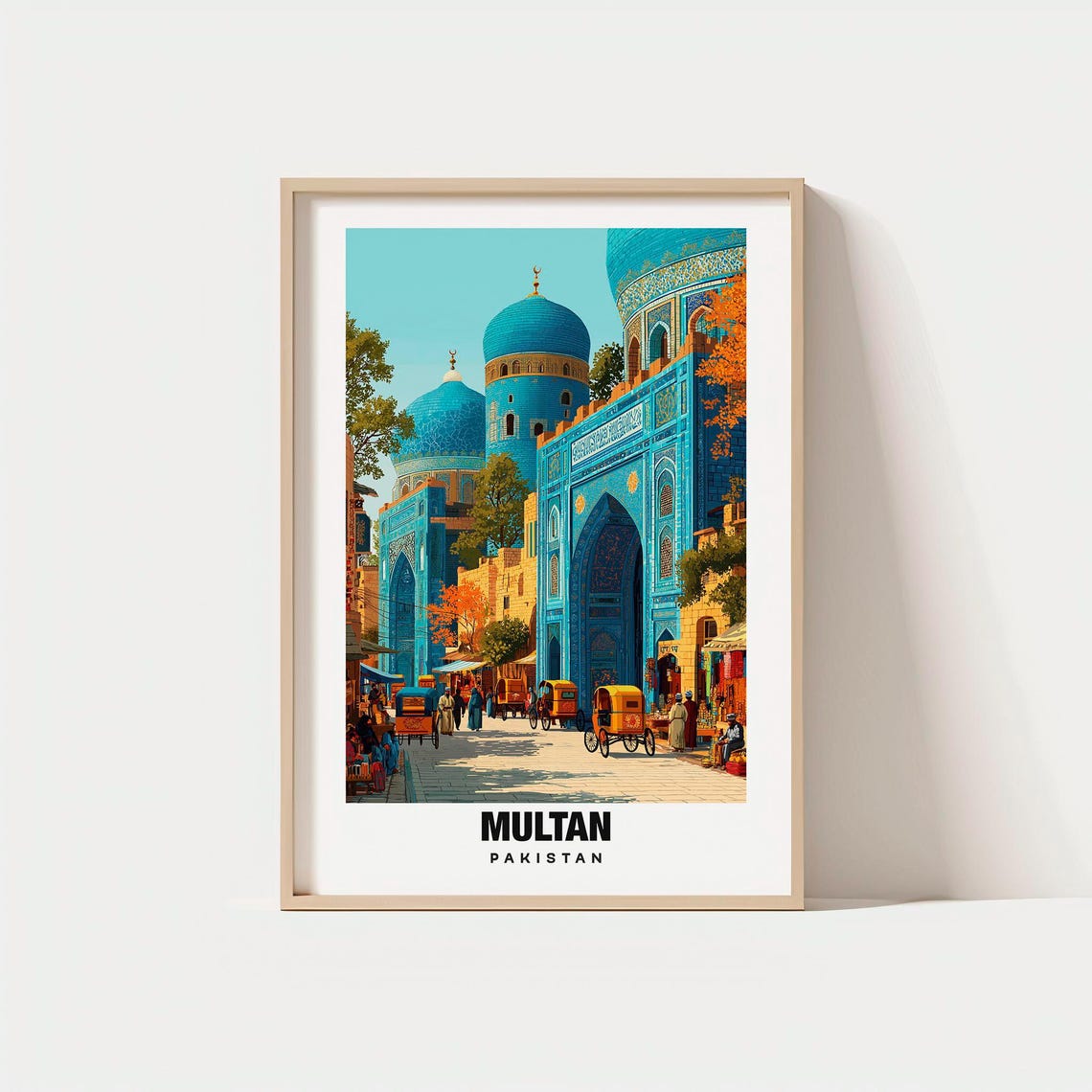 Retro Multan Pakistan Blue Tile Shrine Historic Travel Poster Art