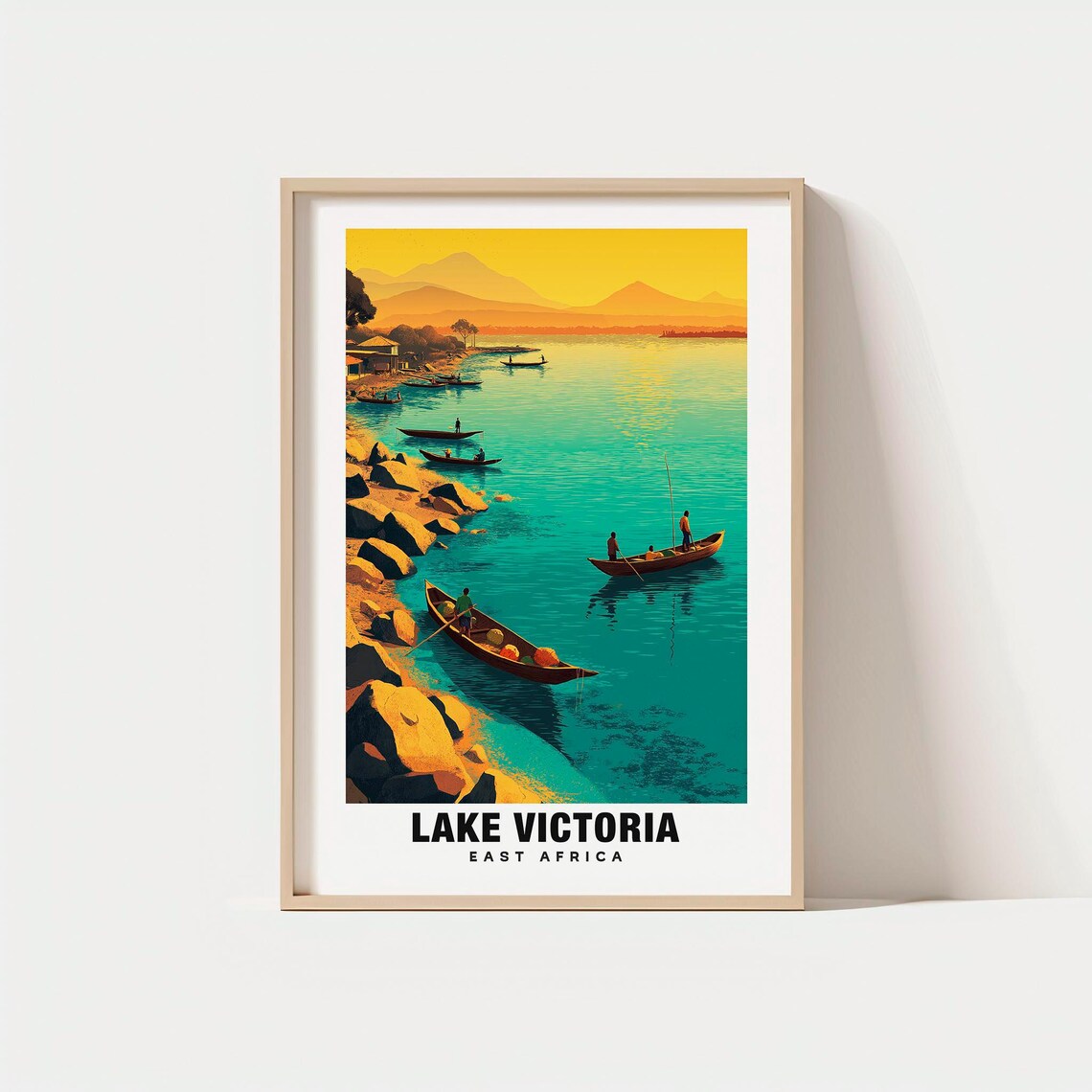 Lake Victoria East Africa Fishing Boats Sunset Shoreline Travel Poster