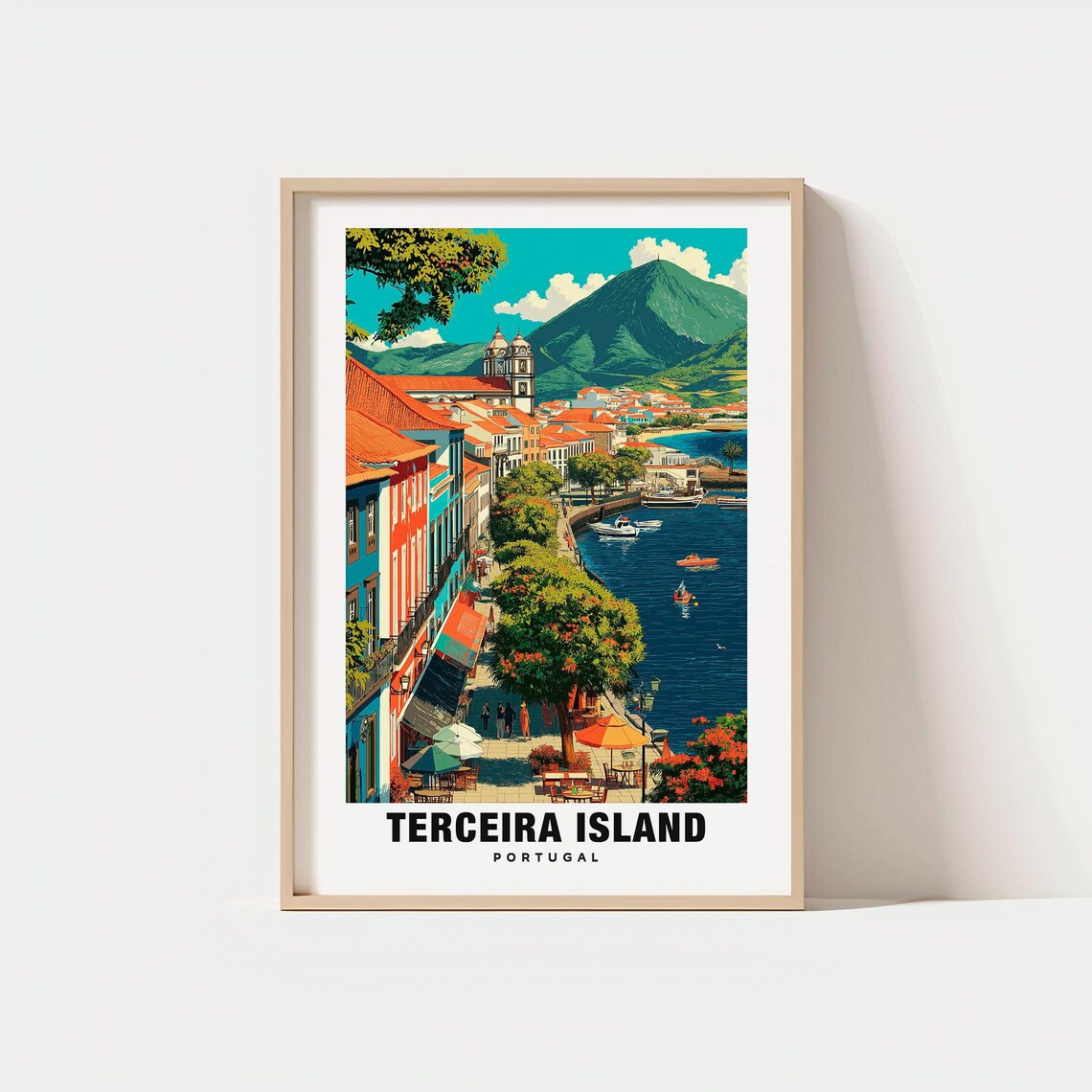 Terceira Island Portugal Azores Coastal Town Harbor Mountain Poster
