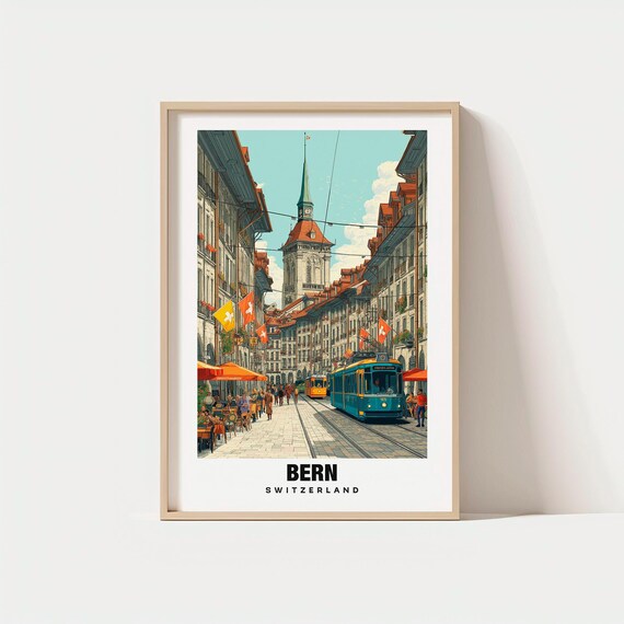 Bern Switzerland Tram Old Town Swiss Flags Vintage Travel Poster