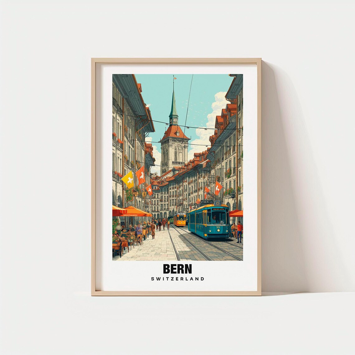 Bern Switzerland Tram Old Town Swiss Flags Vintage Travel Poster