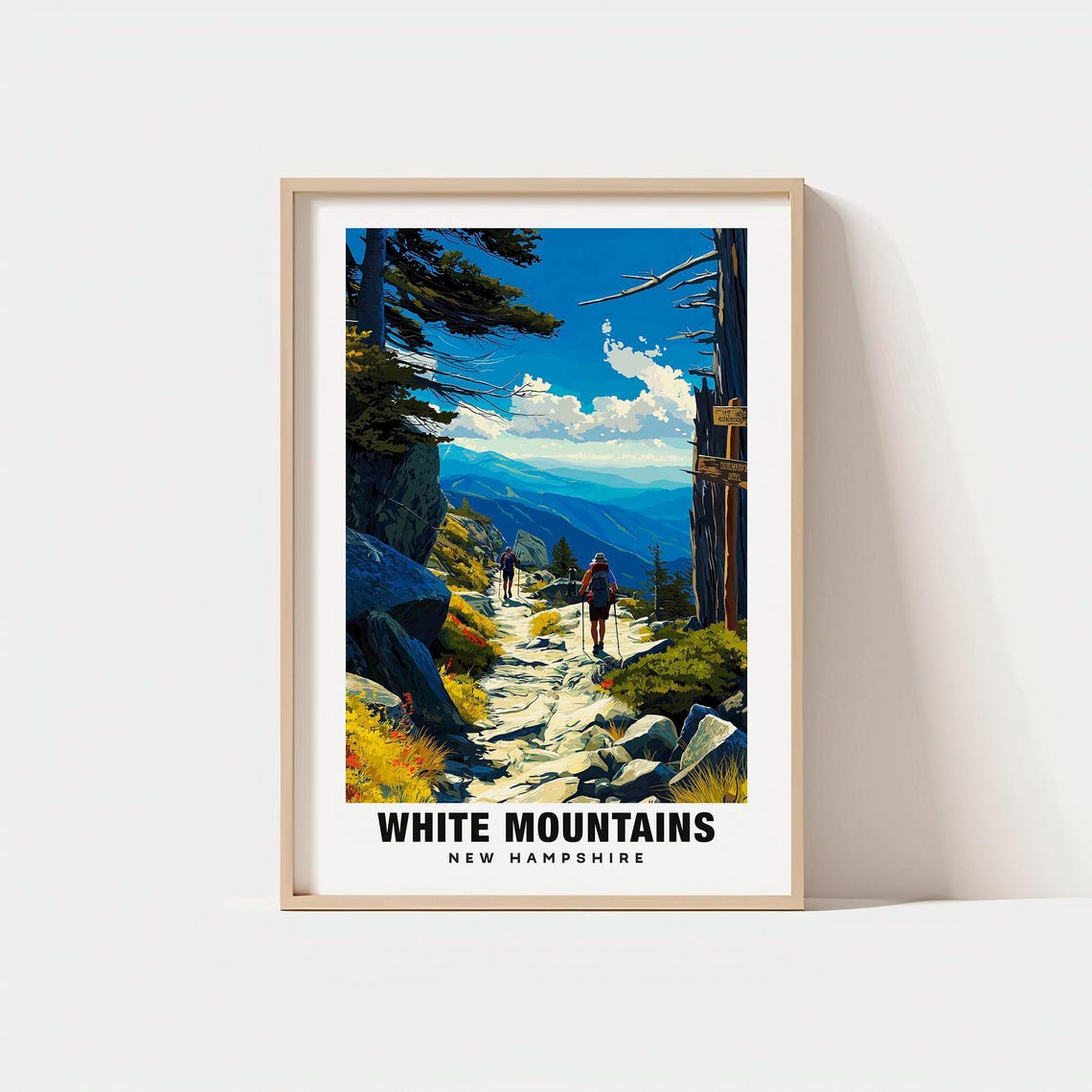 White Mountains New Hampshire Hikers Rocky Trail Travel Poster