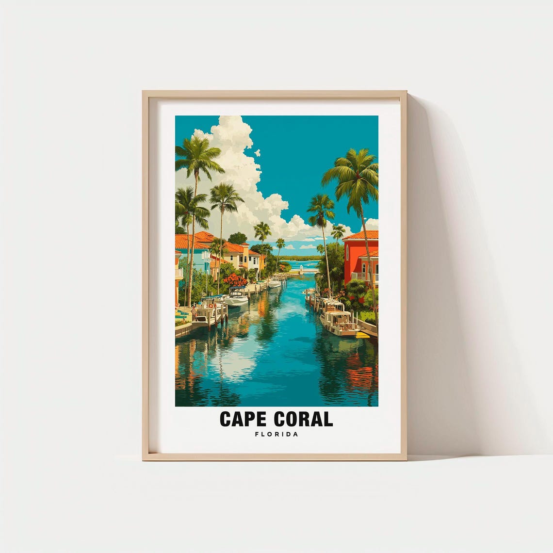 Cape Coral Florida Canal Waterfront Boats Palms Travel Poster