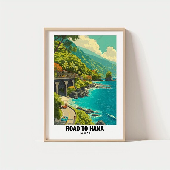 Road to Hana Hawaii Coastal Drive Vintage Cars Ocean View Poster