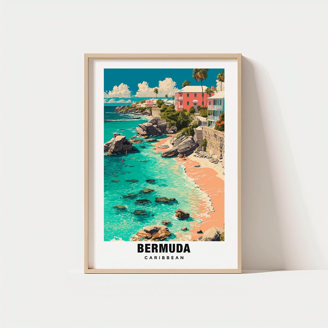 Bermuda Caribbean Vintage Pink Sand Beach Rocky Cove Travel Poster