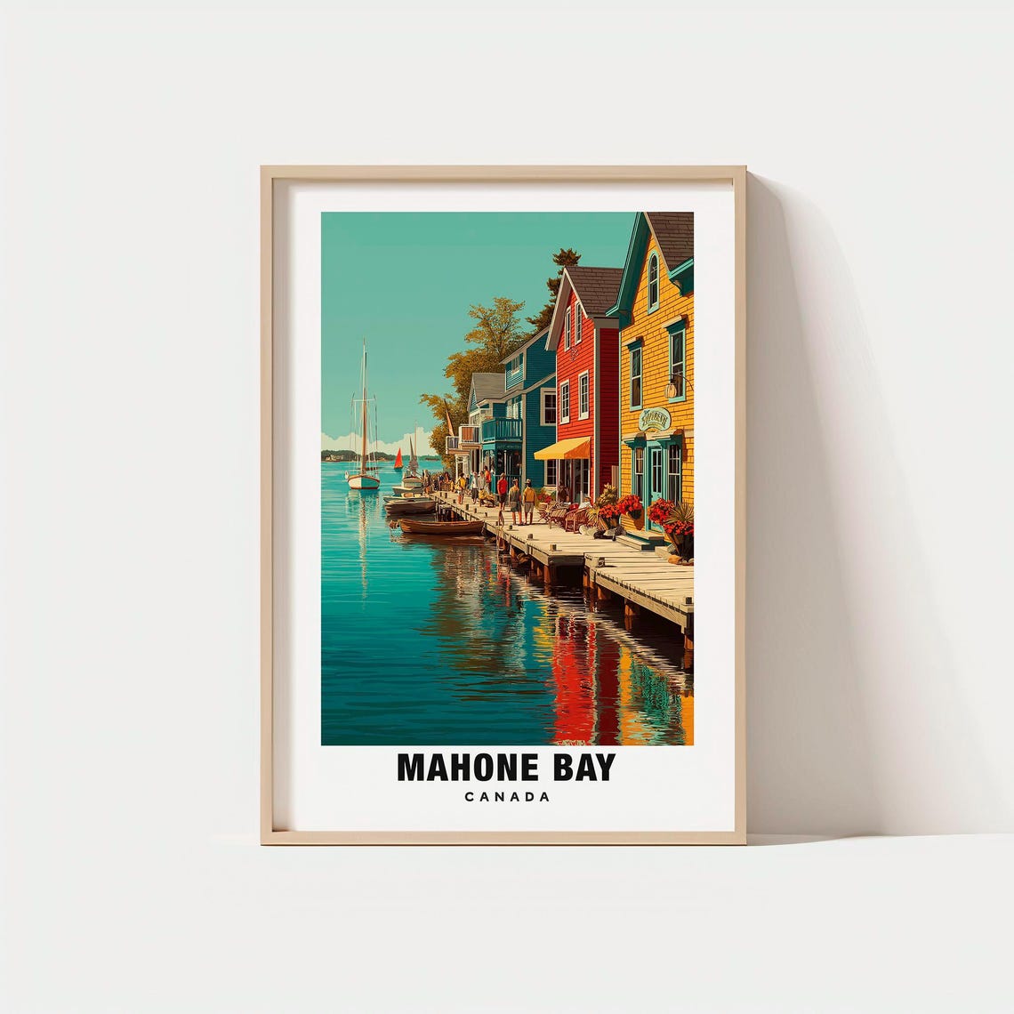 Mahone Bay Canada Colorful Waterfront Boardwalk Travel Poster