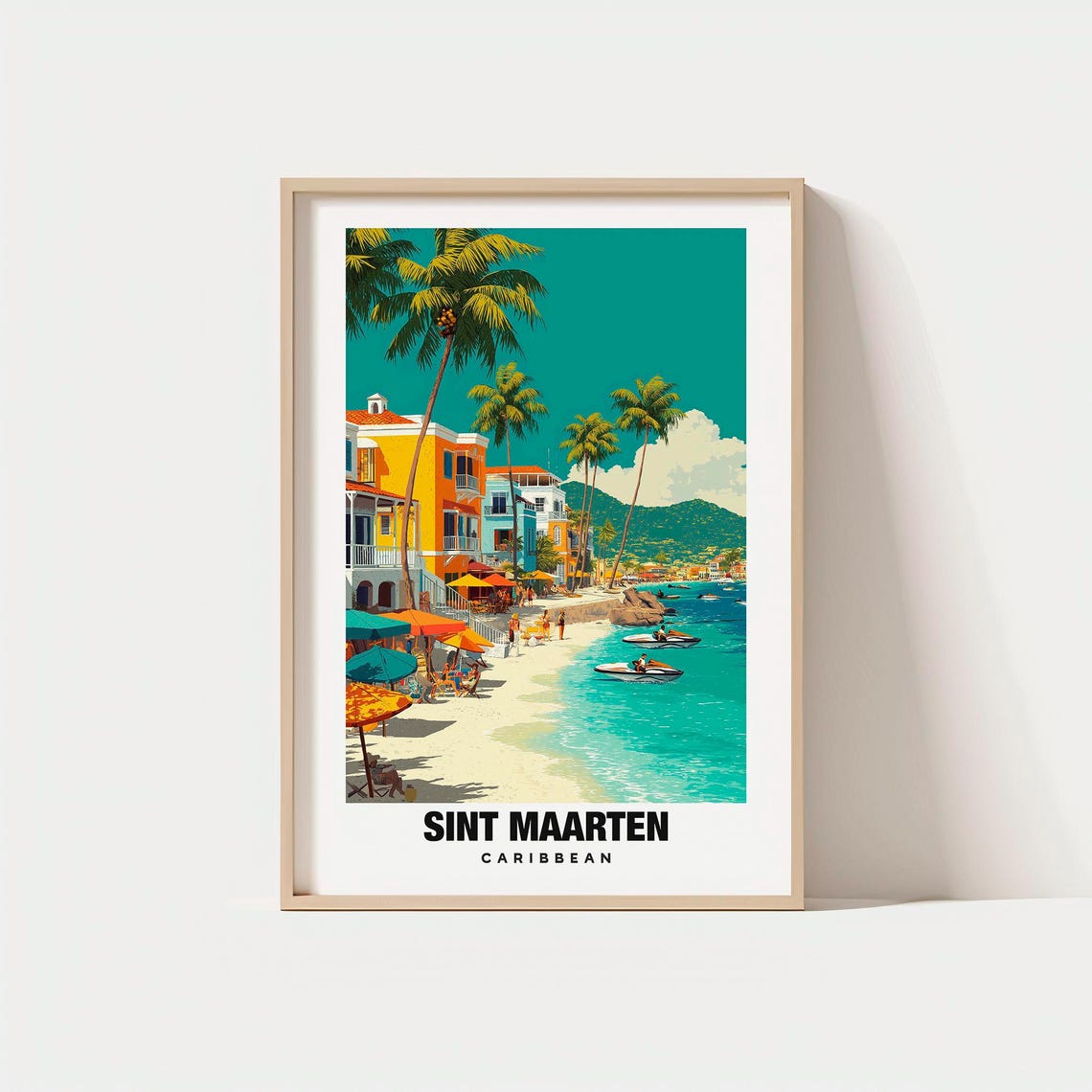 Sint Maarten Caribbean Beach Boardwalk with Palms and Jet Skis Poster