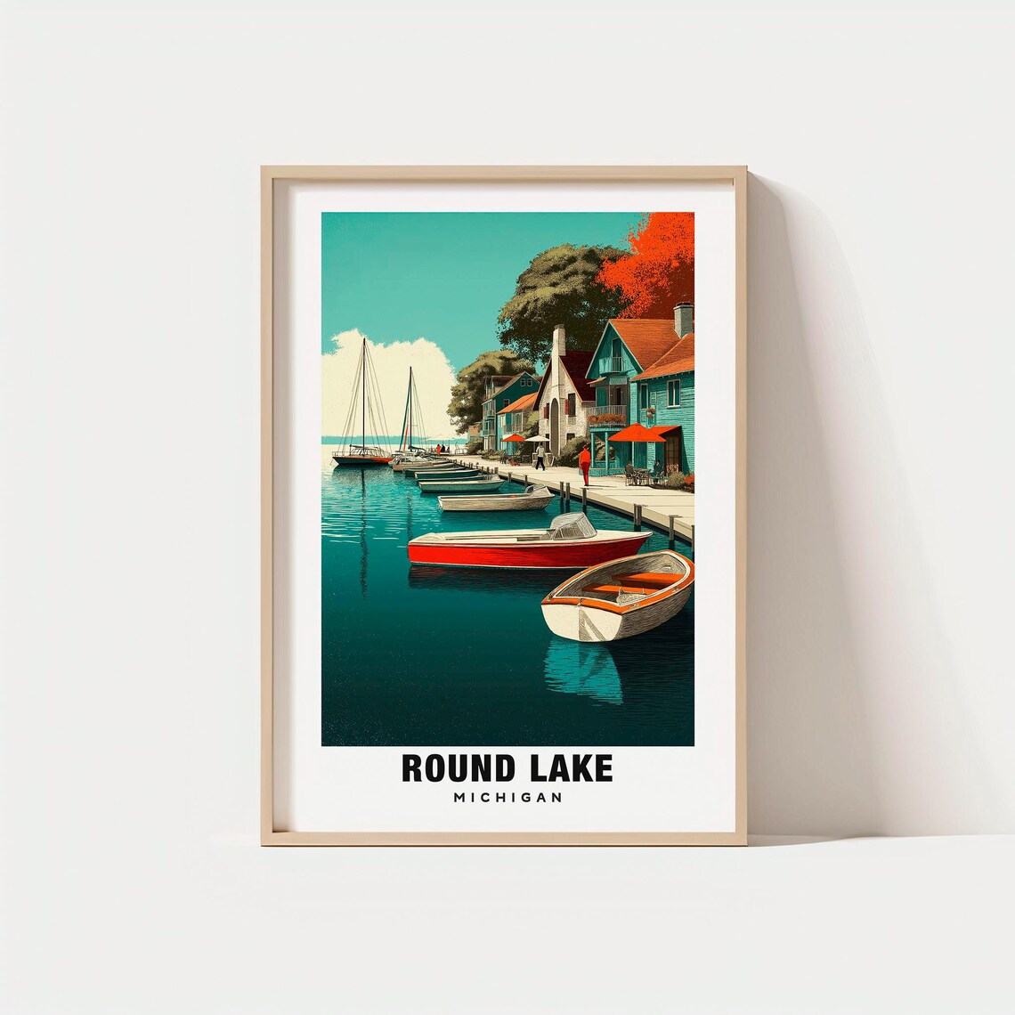 Round Lake Michigan Docked Boats Cottages Calm Water Scene Poster