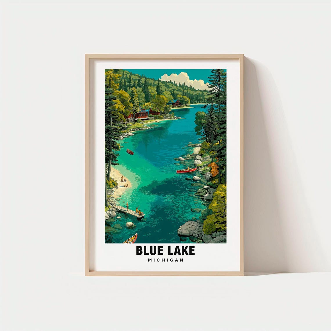 Blue Lake Michigan Crystal Turquoise Water Canoe Pines Scene Poster