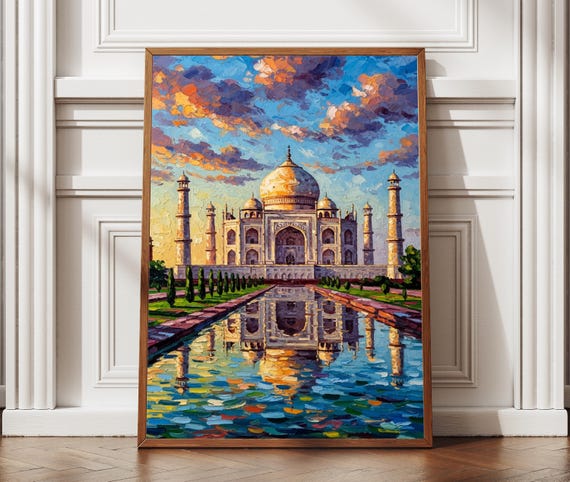 Taj Mahal Sunset Oil Painting Textured Print Art India Travel Poster Home Office