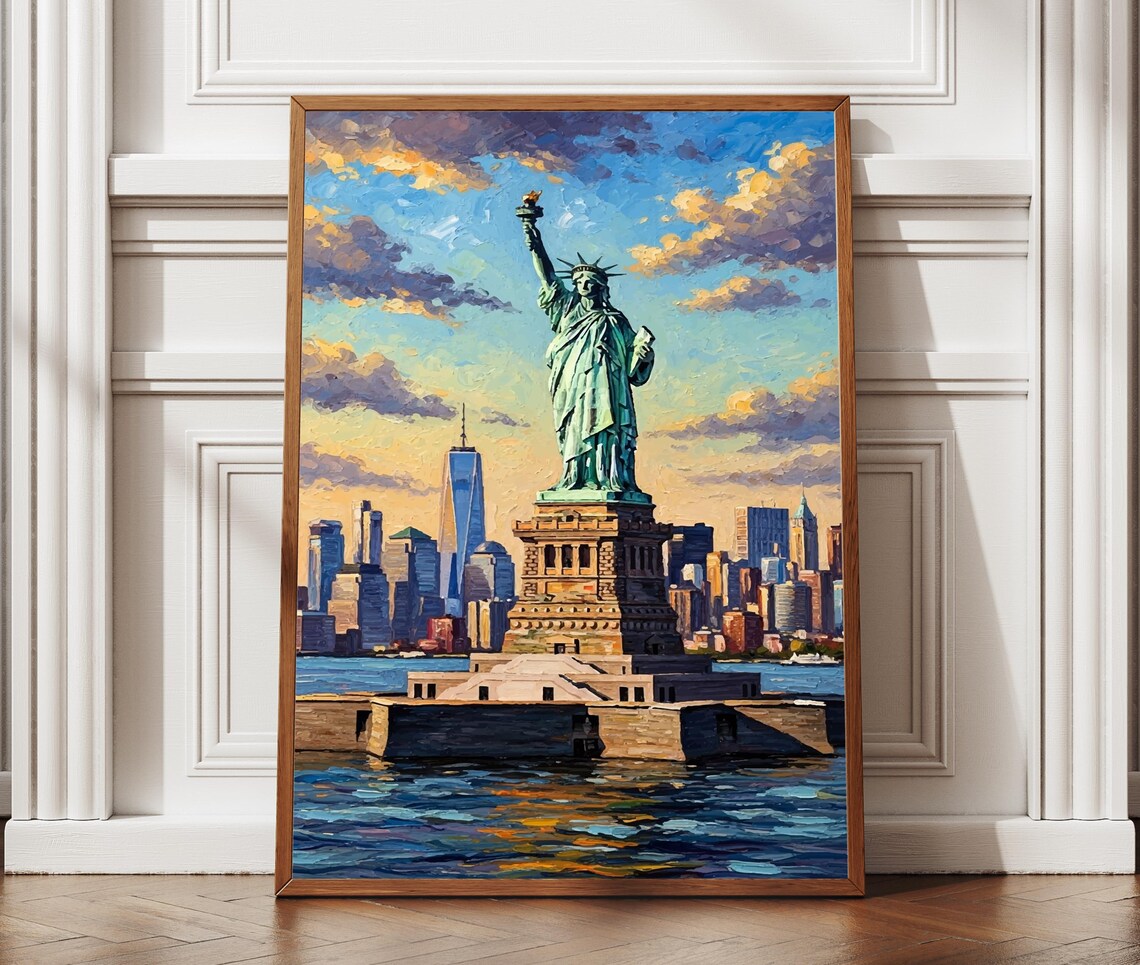Statue Of Liberty Sunset New York City Skyline Oil Painting Poster