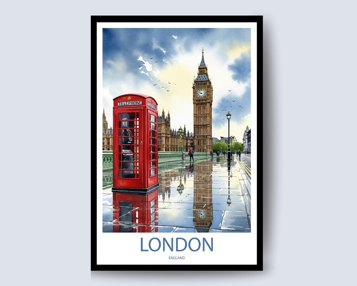 London Red Telephone Box and Big Ben Rainy Day Watercolor Poster