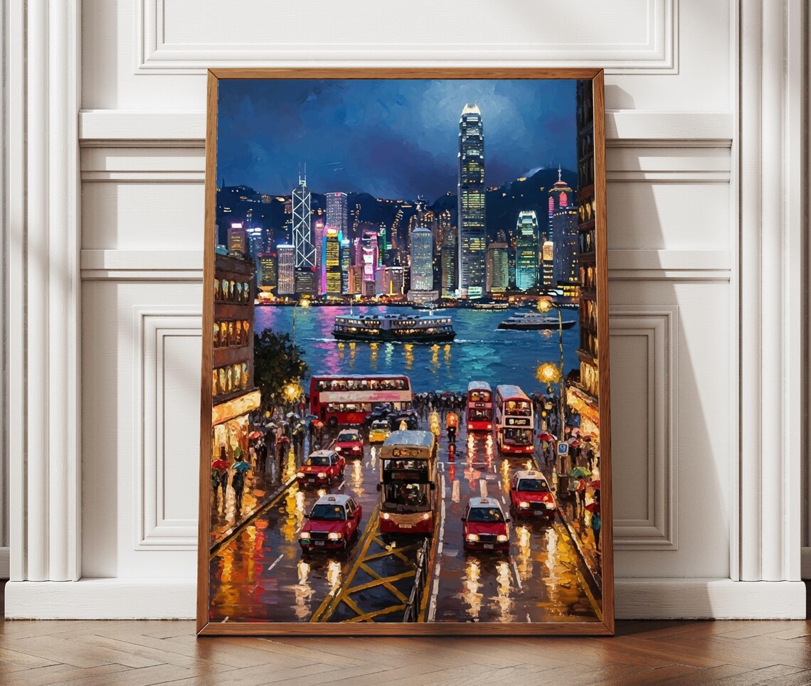 Hong Kong Night Cityscape Neon Harbor Street Oil Painting Poster
