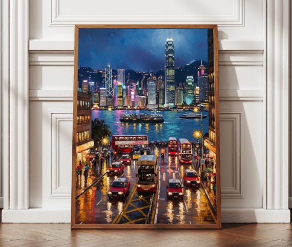 Hong Kong Night Cityscape Print Textured Wall Art Neon Lights Skyline Poster China Travel Gift Cinematic