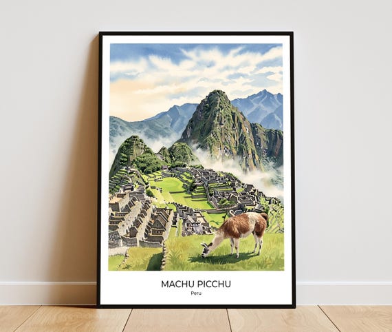 Machu Picchu Travel Poster Watercolor Llama Art Print Home Office