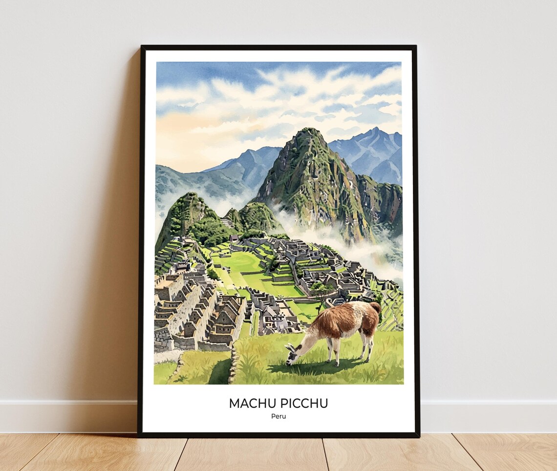 Machu Picchu Travel Poster Watercolor Llama Art Print Home Office