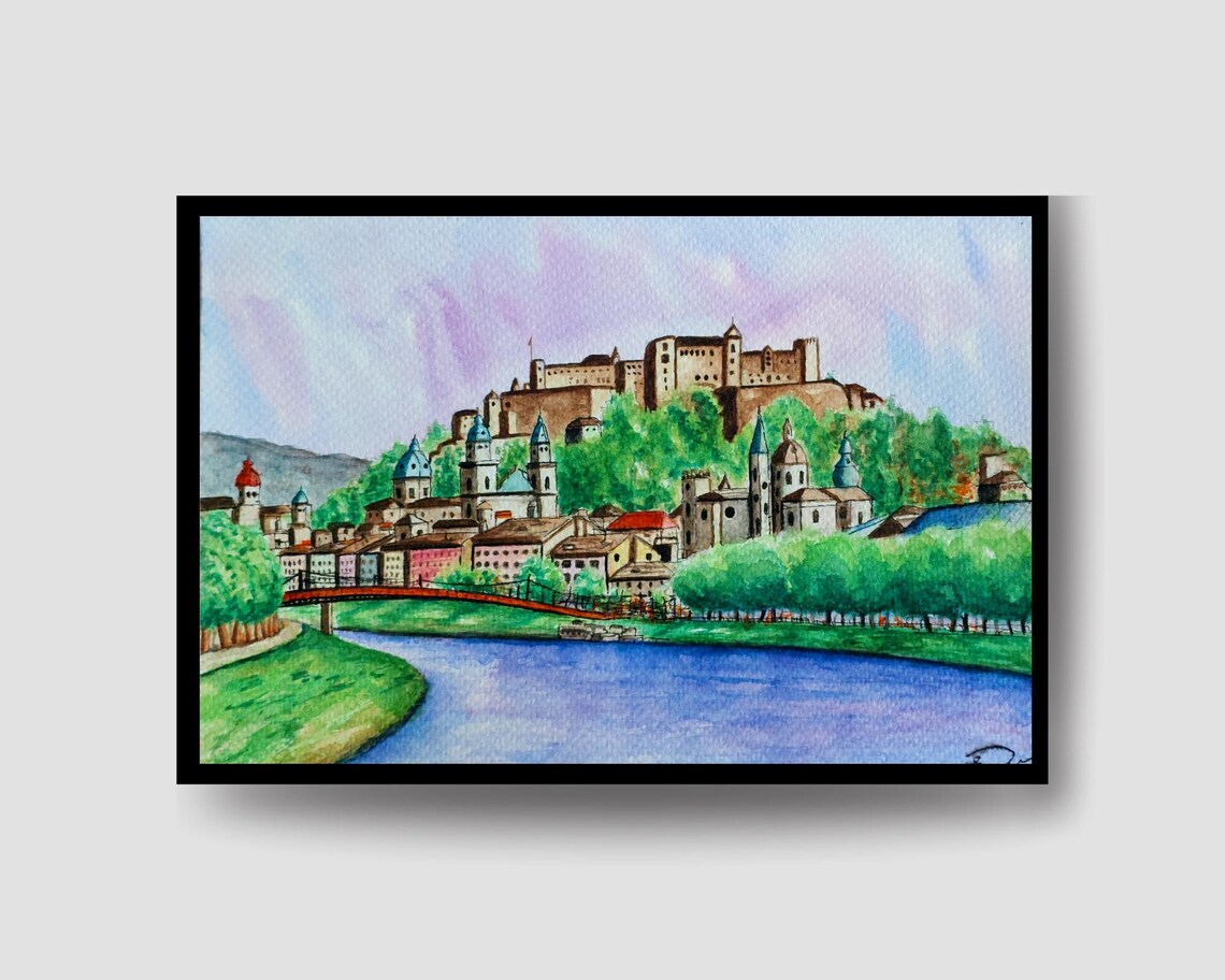 Salzburg Fortress Austria Watercolor Castle River View Art Poster