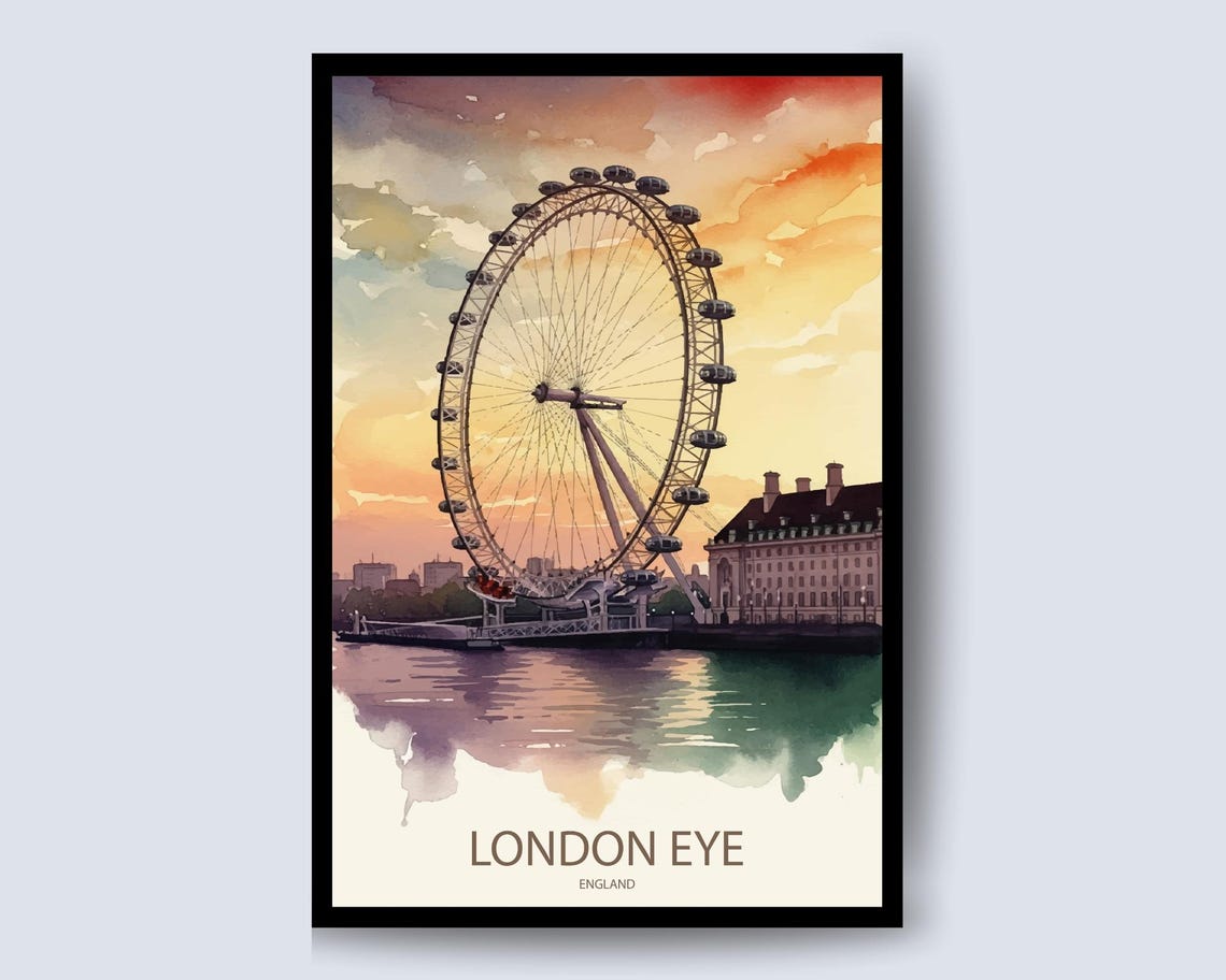 London Eye England Sunset Watercolor Thames Riverside Poster