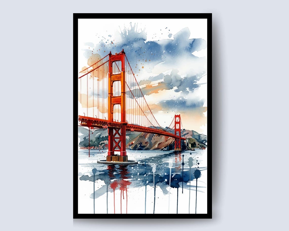 Golden Gate Bridge Watercolor Bay Sunset Painting Art Poster