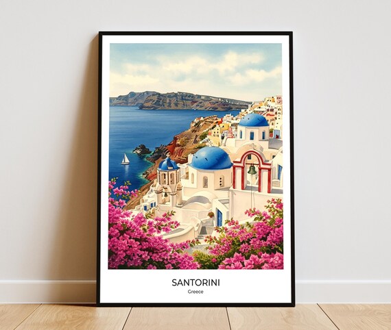Santorini Bell Tower Sailboat Coastline Greece Travel Poster