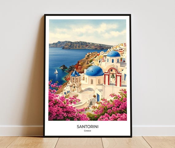 Santorini Greece Watercolor Art Oia Village Travel Poster Print Home Office