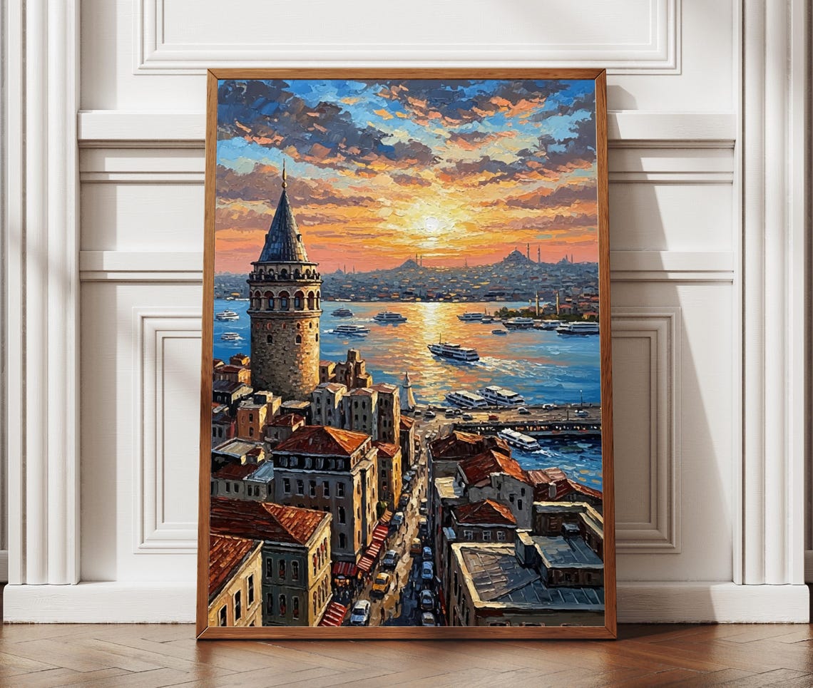 Galata Tower Istanbul Sunset Bosphorus Textured Painting Poster