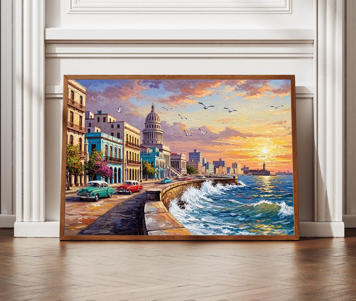 Havana Malecon Sunset Painting Capitolio Classic Cars Travel Poster