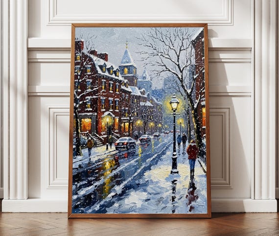 Boston City Winter Wall Art Snowy Historic Streets Printable Textured Style Digital Landscape Travel Poster