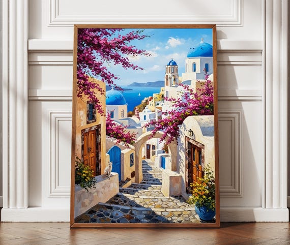Santorini Greece Landscape Textured Print Art Europe Travel Poster Home Office