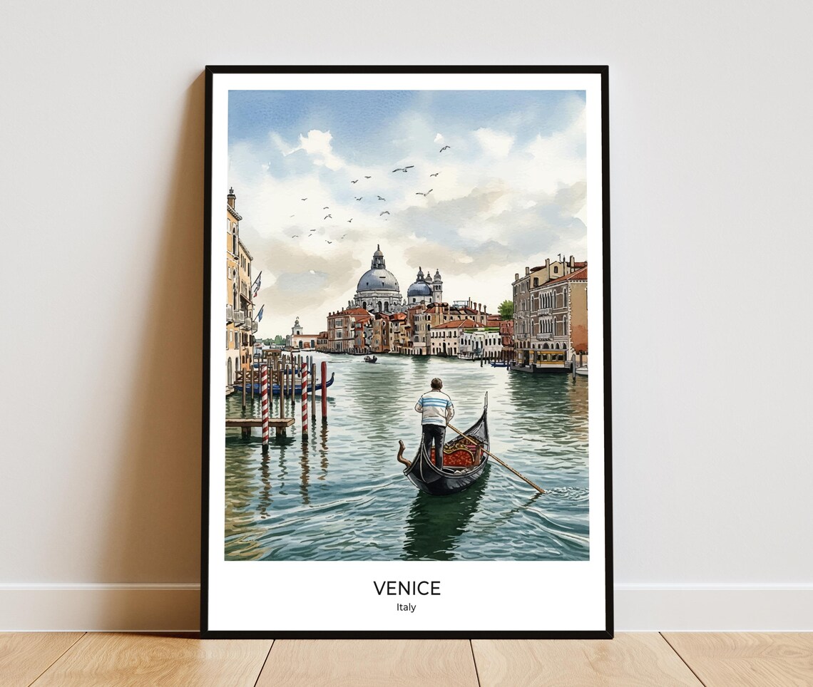 Venice Gondola Ride Watercolor Italy Romantic Travel Art Poster