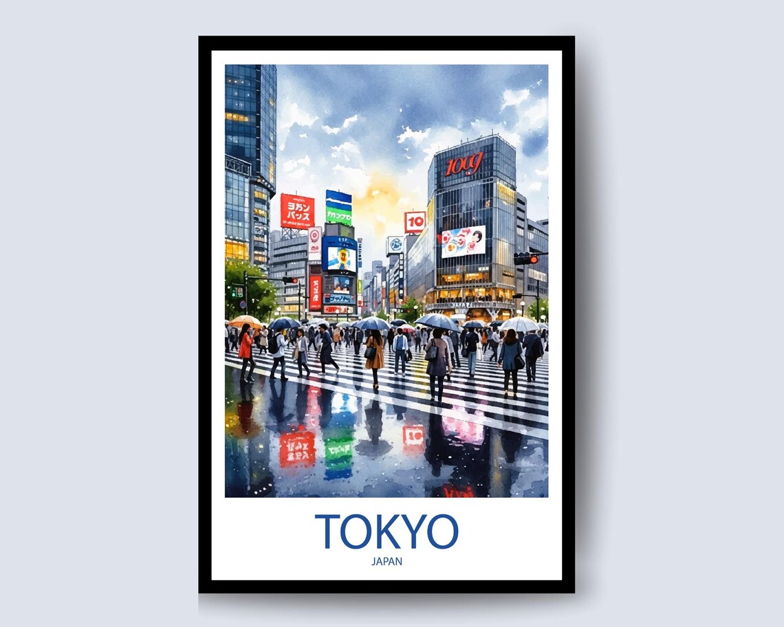 Tokyo Japan Shibuya Crossing Rain Umbrellas Watercolor Poster