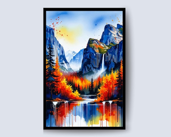 Yosemite National Park Autumn Valley Waterfall Watercolor Poster