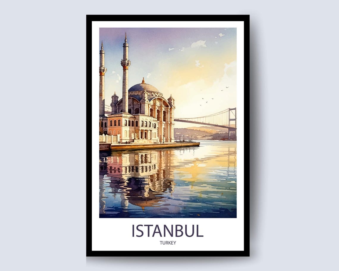 Istanbul Turkey Mosque Bosphorus Waterfront Watercolor Poster