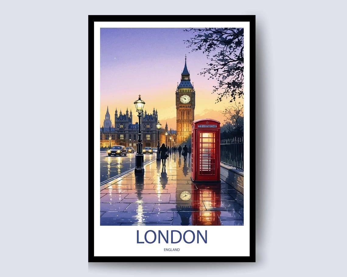 London Red Phone Booth Watercolor Night Scene England Travel Poster