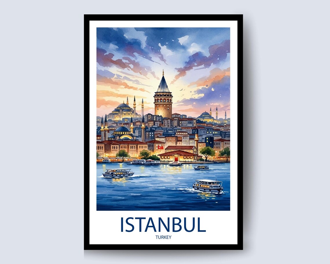 Istanbul Turkey Golden Horn Sunset Skyline Watercolor Travel Poster