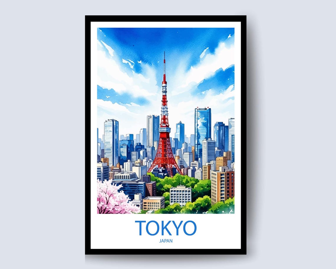 Tokyo Tower Japan Daytime Cityscape Watercolor Travel Poster