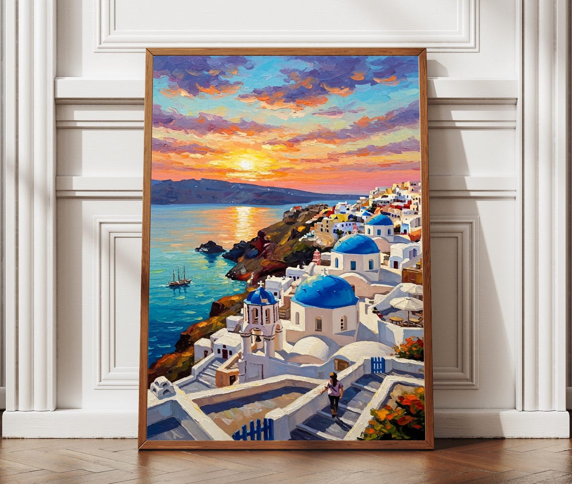 Santorini Greece Sunset Blue Dome Churches Oil Painting Poster
