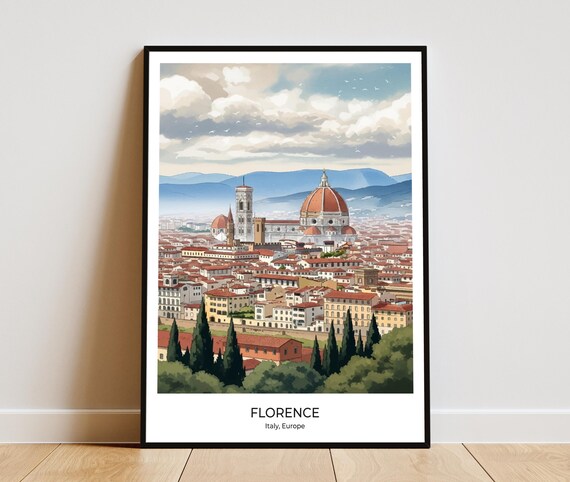 Florence Duomo Hillside Panorama Cypress Trees Italy Travel Poster