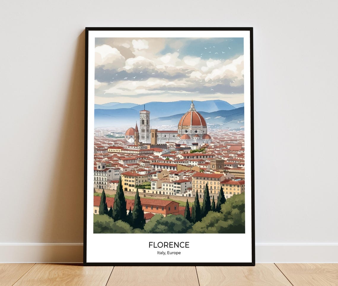Florence Duomo Hillside Panorama Cypress Trees Italy Travel Poster