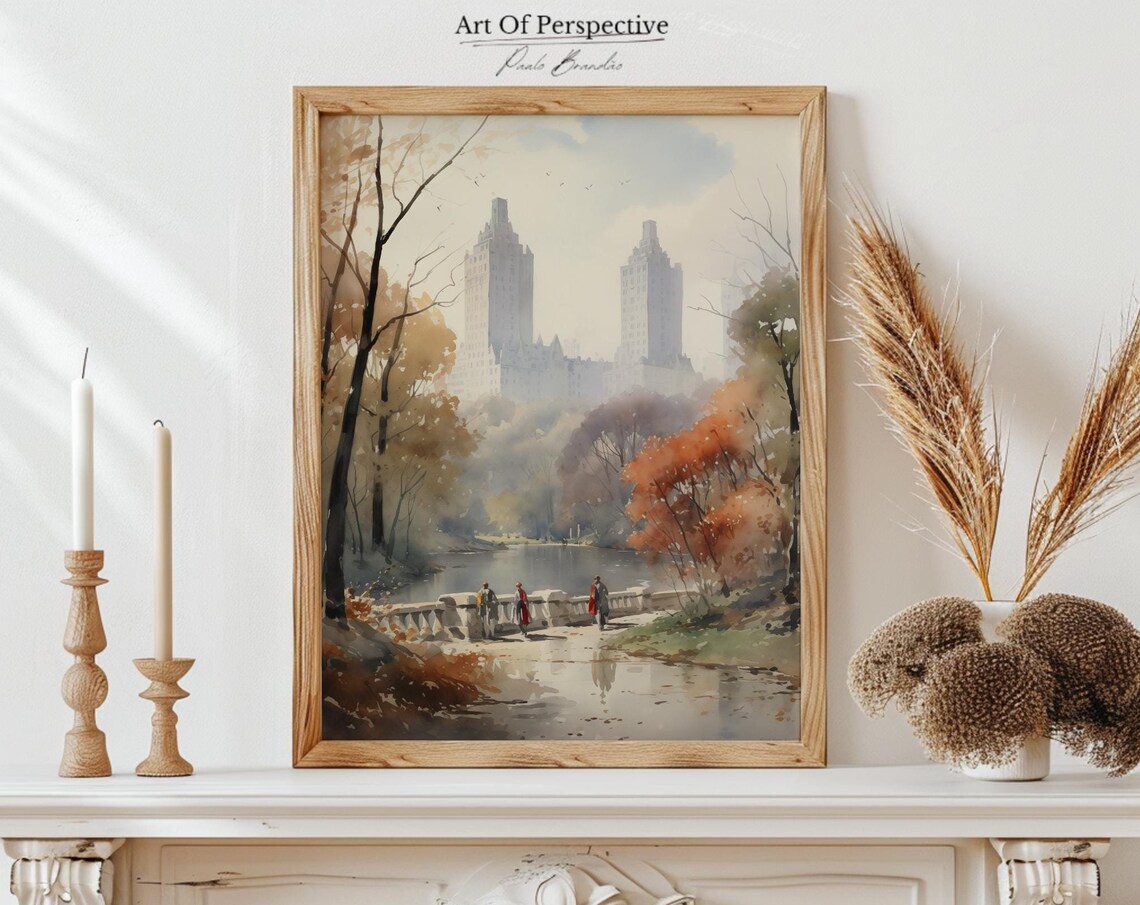 Vintage Central Park Cityscape New York Architecture Oil Painting