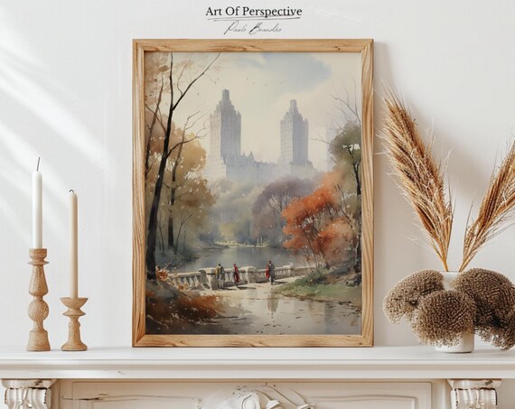 Vintage Central Park Cityscape New York Architecture Oil Painting