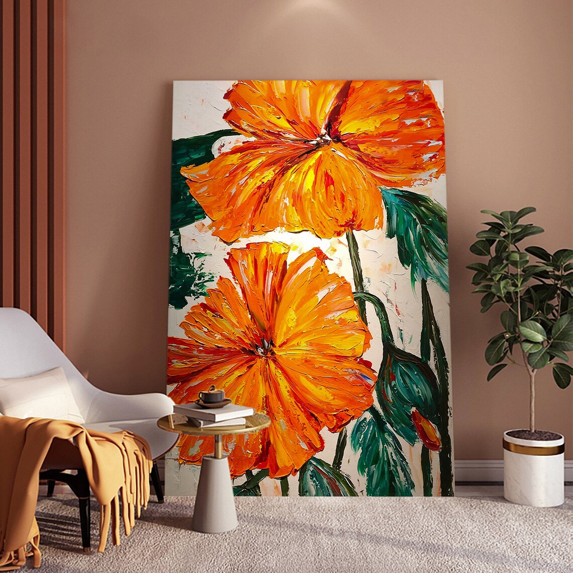 Large Orange Poppy Flowers Impasto Floral Oil Painting Poster