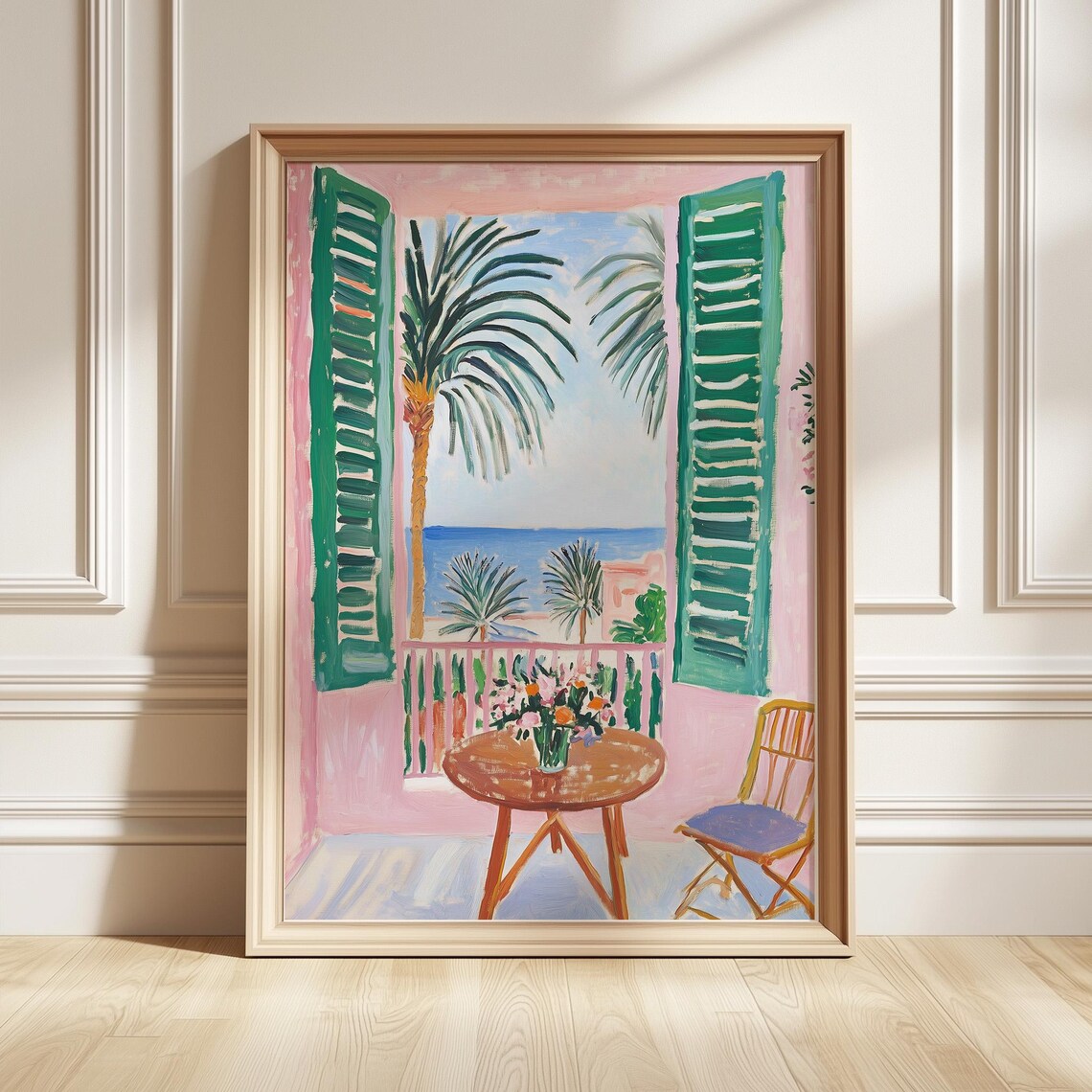 Mediterranean Balcony Art Poster Green Shutters Palm Sea View Painting