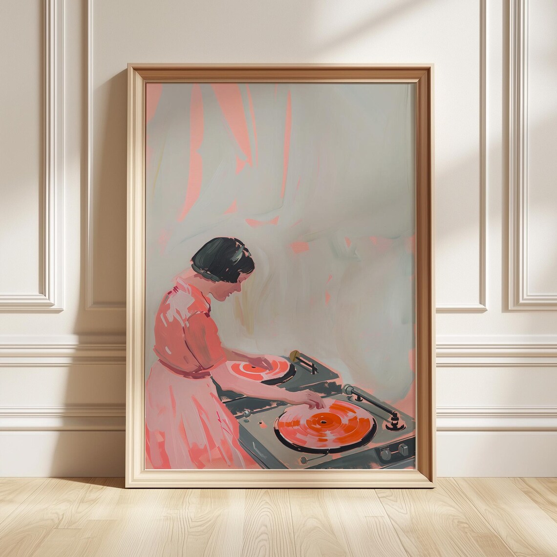 Retro DJ Woman Turntable Vinyl Music Illustration Playful Art Poster