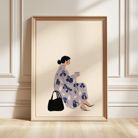 Minimalist Woman In Floral Coat Art Print Modern Fashion Illustration Neutral Wall Decor