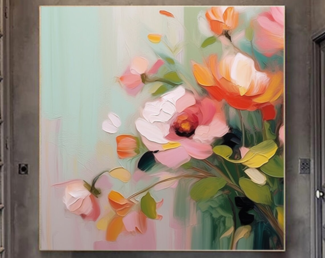 Blush Pink Peonies Mint Green Soft Floral Painting Wall Poster