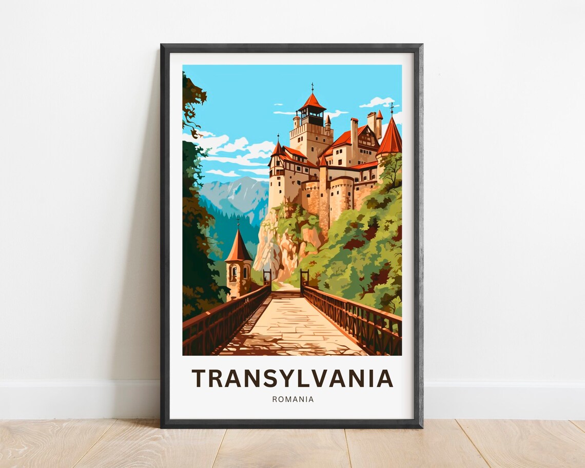 Transylvania Romania Hilltop Castle Retro Style Travel Poster